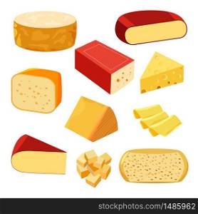 Various types of cheese with tomatoes, chili and herbs on rustic wooden board. Vector set of realistic dairy products. Isolated collection cheese pieces and Slices used for restaurant menu.