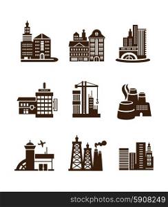 Various types of construction. City building icons set such as airport, TV tower, plant, factory, Bank, stall, theater for architectural, industrial and travel in black color on white background