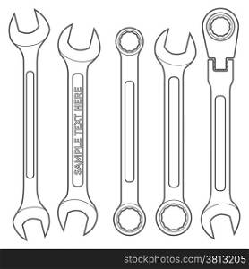 various types outline wrench set. vector outline dark grey various types outline wrench set