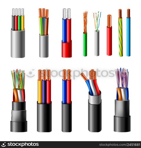 Various types power cables with electrical wire conductors held together with overall sheath realistic set vector illustration . Electrical Cables Realistic Set