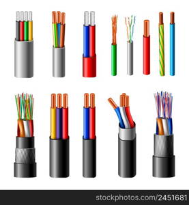 Various types power cables with electrical wire conductors held together with overall sheath realistic set vector illustration . Electrical Cables Realistic Set