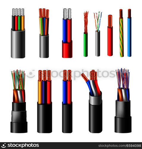 Various types power cables with electrical wire conductors held together with overall sheath realistic set vector illustration . Electrical Cables Realistic Set