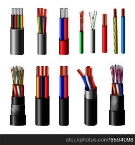 Various types power cables with electrical wire conductors held together with overall sheath realistic set vector illustration . Electrical Cables Realistic Set