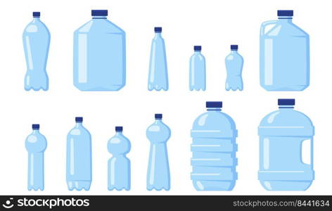 Various water plastic bottles flat icon set. Beverage different packaging and liter containers isolated vector illustration collection. Consumption and drink concept