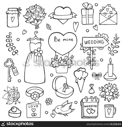 Various wedding day symbols. Vector hand drawn illustrations of wedding. Doodle collection drawing for decoration invitation. Various wedding day symbols. Vector hand drawn illustrations of wedding