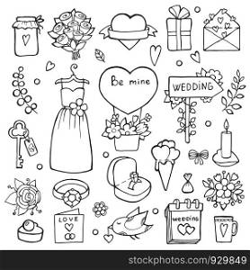 Various wedding day symbols. Vector hand drawn illustrations of wedding. Doodle collection drawing for decoration invitation. Various wedding day symbols. Vector hand drawn illustrations of wedding
