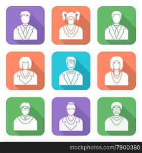 various white color flat design people in glasses icons set. vector white color flat style various people in glasses icons set long shadows