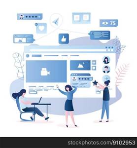 Various women with smart gadgets,web page and signs on background,chatting in social network concept,female characters in different poses,trendy style vector illustration. chatting in social network concept,female characters in different poses,