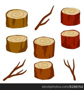 Various wood logs and trunk. Wooden stump and forest branch. Flat cartoon isolated on white. Various wood logs and trunk. Wooden stump