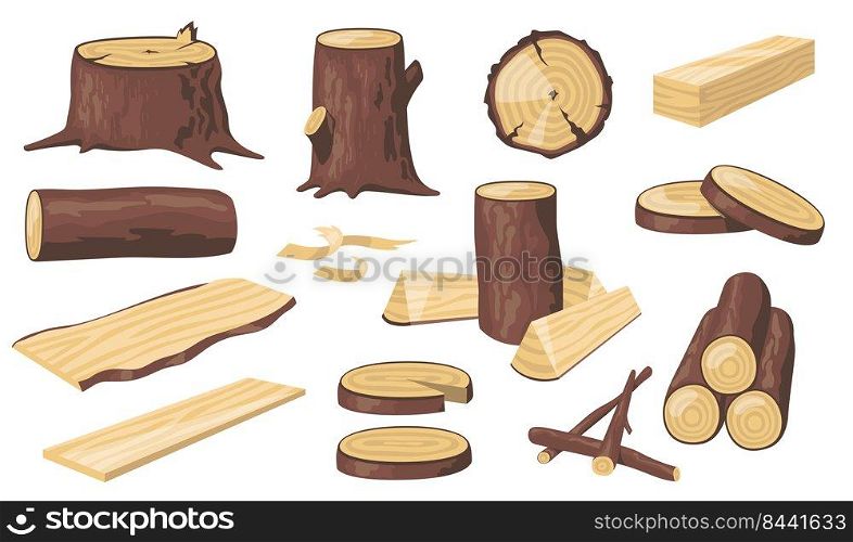 Various wood logs and trunks flat icon set. Cartoon wooden materials, lumber, planks and timber isolated vector illustration collection. Forest and construction concept
