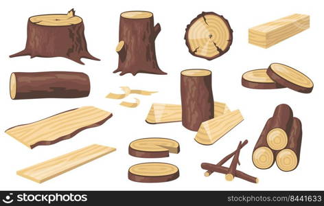 Various wood logs and trunks flat icon set. Cartoon wooden materials, lumber, planks and timber isolated vector illustration collection. Forest and construction concept