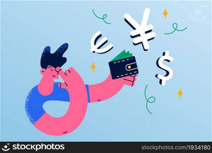 Various world currency and money concept. Young smiling man cartoon character holding black purse with flying different coins from it feeling confident vector illustration . Various world currency and money concept.