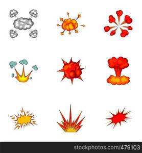 Variously shaped firework explosion icons set. Cartoon set of 9 variously shaped firework explosion vector icons for web isolated on white background. Variously shaped firework explosion icons set
