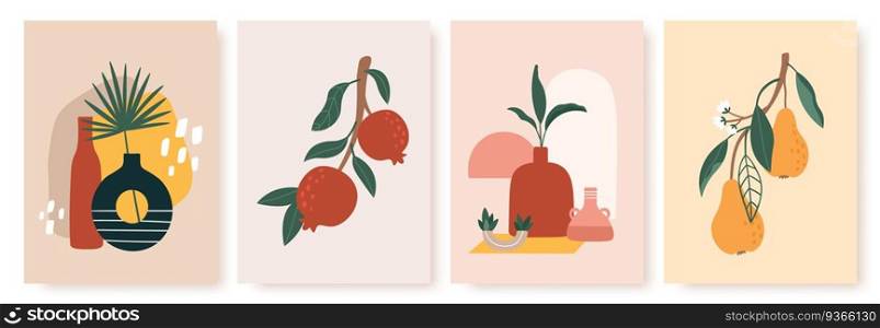 Vase and fruit print. Still life with ceramics and fruits pears, pomegranates on branch with leaves. Modern scandinavian posters vector set. Abstract minimalistic painting for cards. Vase and fruit print. Still life with ceramics and fruits pears, pomegranates on branch with leaves. Modern scandinavian posters vector set