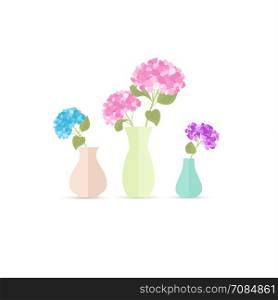 Vase of flowers. Vector illustration of hydrangea flower. Background with a vase of flowers