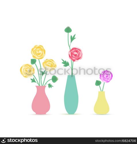 Vase of flowers. Vector illustration of ranunculus flower. Background with a vase of flower