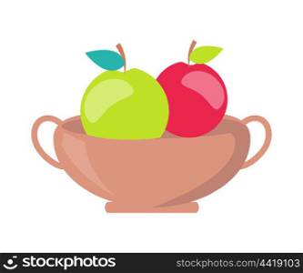Vase with Apples Minimalistic Vector Illustration. Minimalistic vector template of golden-colored vase with two handles at its sides and couple of big green and red apples isolated on white background.