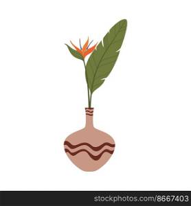 Vase with exotic herbal plant, leaf on stem in scandinavian vase, interior decor. Vector flat cartoon spring bouquet home decoration, simple design. Scandinavian flower vase leaf bud in simple design