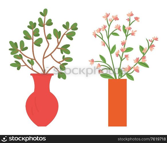 Vase with flower vector, flourishing plant with foliage, branch with frondage blossom decorative elements for home adorning, ecological decor set. Vases with Flower, Home Decor Interior Vector