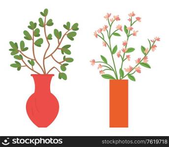 Vase with flower vector, flourishing plant with foliage, branch with frondage blossom decorative elements for home adorning, ecological decor set. Vases with Flower, Home Decor Interior Vector