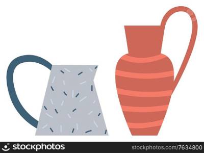 Vase with handle and ornamental decoration, isolated production pottery handmade items. Things made of clay, cup or mug traditional culture. Vector illustration in flat cartoon style. Pots Made of Clay Ornaments on Jar Handmade Vector