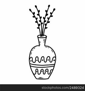 Vase with twigs of plant. Vector doodle illustration. Element for design of postcard.