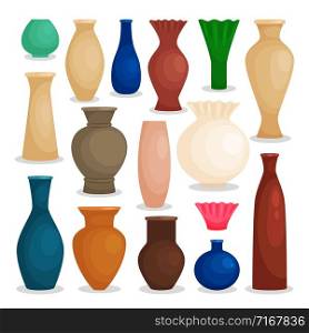 Vases colorful icons set, pottery collection on white background, vector illustration. Vases colorful icons set