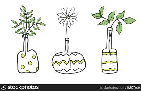 Vases with flowers and leafy branches doodle style. A set of simple outline ceramic pots with botanical elements. Images for wall decoration, vector illustration.. Vases with flowers and leafy branches doodle style.