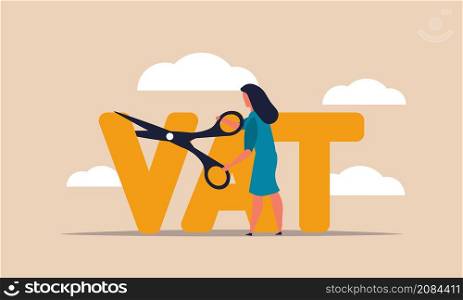 Vat economic budget after coronavirus and money taxes. Woman with scissors cutting income cash vector illustration concept. People refund value and percent business. Commission tax and debt reduce