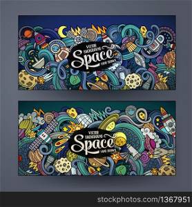 vCartoon cute colorful vector hand drawn doodles space corporate identity. 2 horizontal banners design. Templates set. Cartoon cute doodles hand drawn space banners