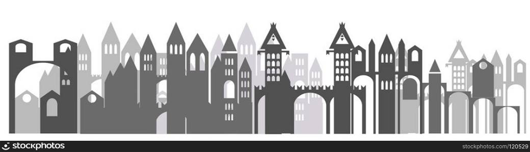 Vecor panorama with monochrome cartoon castle with towers, in European style isolated on white background. Silhouette of castle in black and grey colors.