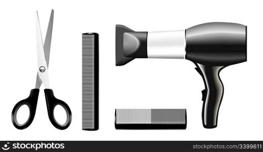 Vecrtor set of combs and scissors, hairstyle accessories. No transparency and effects.