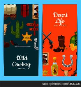 Vecto colored cartoon wild west elements web banner or poster templates illustration. Vector cartoon wild west elements web banner templates illustration