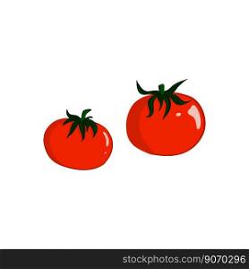 Vecton illustration with two ripe tomatoes drawn in a flat style. Red tomatoes with green leaves. For the decor of markets, menus, packaging