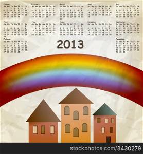 vector 2013 calendar on abstract background with rainbow and old houses, crumpled paper texture, eps 10, gradient mesh