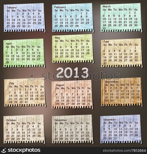 vector 2013 Calendar on vintage striped pieces of paper, months can be used separately as calendar or scrapbook design elements, gradient mesh, crumpled foil texture