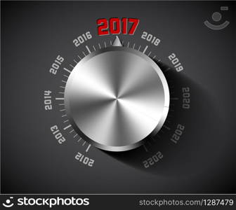 Vector 2017 New Year card for music lover with big volume chrome knob - dark version. Vector 2017 New Year card for music lover