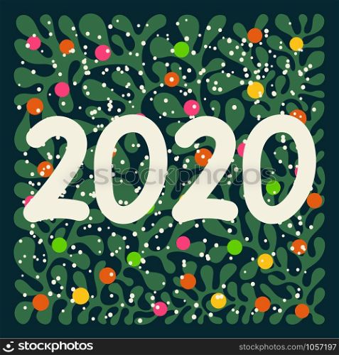 Vector 2020 greetings on winter background floral pattern. Christmas fir tree decoration