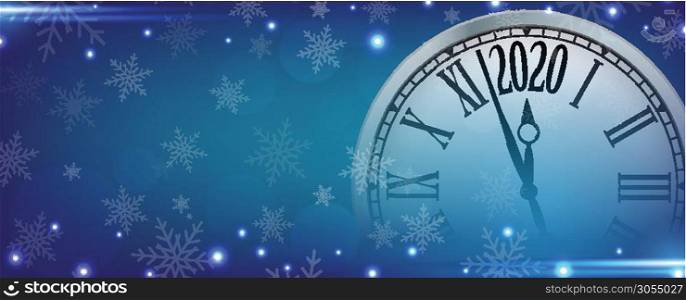 Vector 2020 Happy New Year with retro clock on snowflakes blue background, for your copy space.