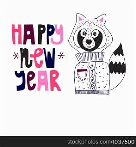 Vector 2020 New Year Greeting Card with Raccoon. Happy new year.