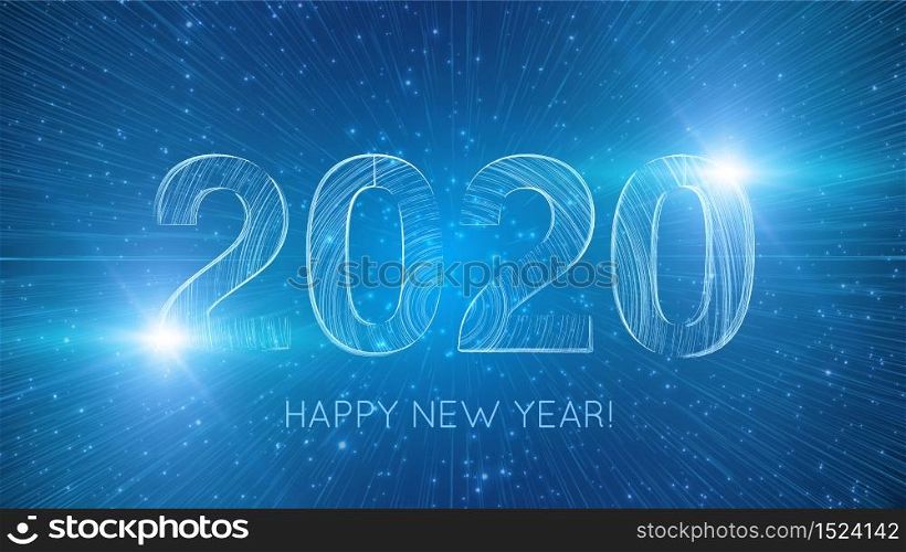 Vector 2020 text constructed with glowing lines with lightspeed burst on background. Bright Happy New Year technological card. Abstract greeting card.. Vector 2020 text constructed with glowing lines with lightspeed burst on background. Bright Happy New Year technological card. Abstract greeting card