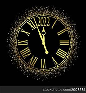 Vector 2022 Happy New Year gold glitter classic clock on black background,illustration EPS10.