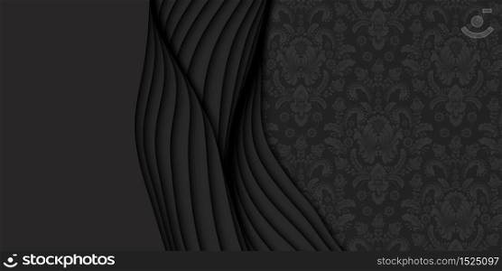 Vector 3D abstract dark background with paper cut and damask pattern. Black carving art. Paper craft Antelope canyon with gradient colors. Luxury minimalistic design for presentations, flyers. Vector 3D abstract dark background with paper cut and damask pattern. Black carving art. Paper craft Antelope canyon with gradient colors. Luxury minimalistic design for presentations, flyers.