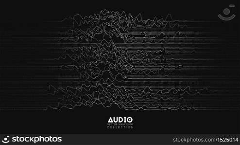 Vector 3d echo audio wavefrom spectrum. Abstract music waves oscillation graph. Futuristic sound wave visualization. Black and white dotted impulse pattern. Synthetic music technology sample. Vector 3d echo audio wavefrom spectrum. Abstract music waves oscillation graph. Futuristic sound wave visualization. Black and white dotted impulse pattern. Synthetic music technology sample.
