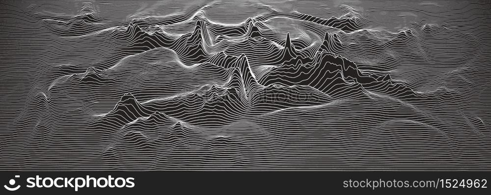 Vector 3d echo audio wavefrom spectrum. Music waves oscillation graph futuristic visualization. Black and white line impulse pattern. Or Abstract relief map. Landscape elevation concept. Vector 3d echo audio wavefrom spectrum. Music waves oscillation graph futuristic visualization. Black and white line impulse pattern. Or Abstract relief map. Landscape elevation concept.