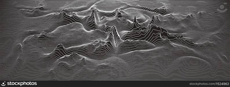 Vector 3d echo audio wavefrom spectrum. Music waves oscillation graph futuristic visualization. Black and white line impulse pattern. Or Abstract relief map. Landscape elevation concept. Vector 3d echo audio wavefrom spectrum. Music waves oscillation graph futuristic visualization. Black and white line impulse pattern. Or Abstract relief map. Landscape elevation concept.