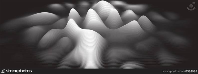 Vector 3d echo audio wavefrom spectrum. Music waves oscillation graph futuristic visualization. Grayscale faded impulse pattern. Or Abstract relief map. Landscape elevation concept. Vector 3d echo audio wavefrom spectrum. Music waves oscillation graph futuristic visualization. Grayscale faded impulse pattern. Or Abstract relief map. Landscape elevation concept.