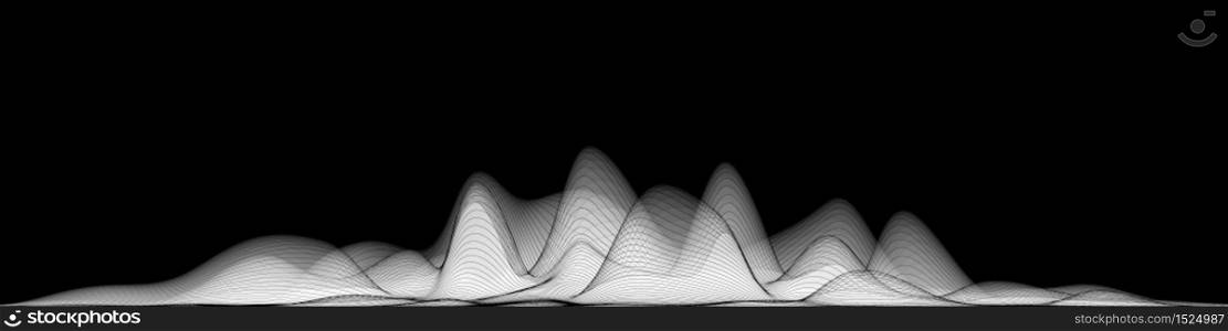 Vector 3d echo audio wavefrom spectrum. Music waves oscillation graph futuristic visualization. Grayscale faded impulse pattern. Or Abstract relief map. Landscape elevation concept. Vector 3d echo audio wavefrom spectrum. Music waves oscillation graph futuristic visualization. Grayscale faded impulse pattern. Or Abstract relief map. Landscape elevation concept.