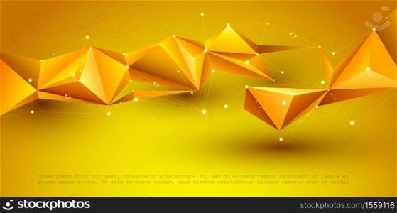 Vector 3D Illustration Geometric, Polygon, Line,Triangle pattern shape with molecule structure. Yellow-orange gradient color background. Abstract science, futuristic, network connection concept