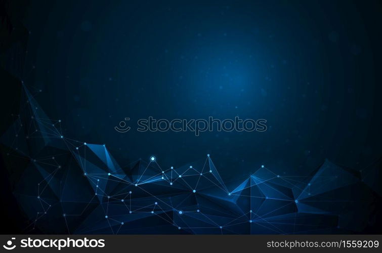 Vector 3D Illustration Geometric, Polygon, Line,Triangle pattern shape with molecule structure. Polygonal with dark blue background. Abstract science, futuristic, network connection concept